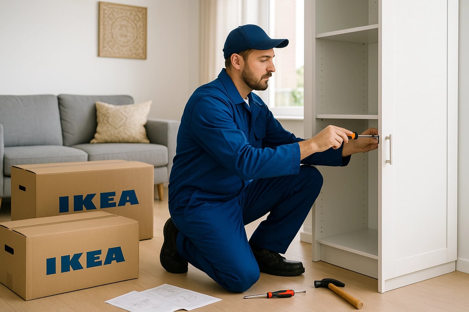 فني ونجار تركيب أثاث إيكيا يقوم بتركيب دولاب خشبي احترافي داخل منزل حديث في الكويت